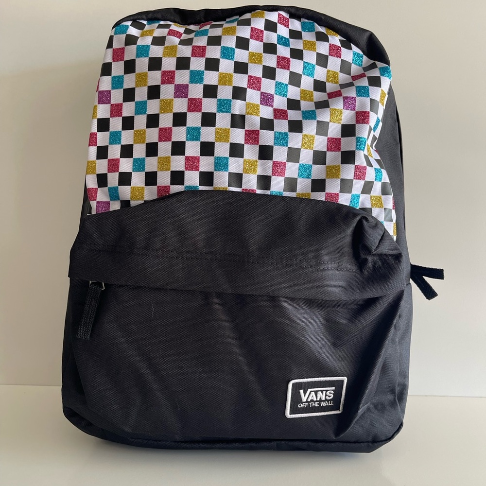 Vans / pink blue yellow glitter / black / backpack / laptop compartment.